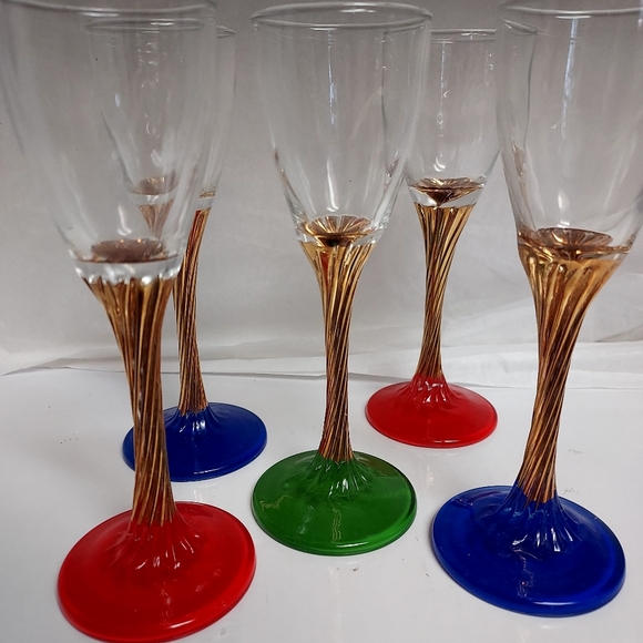 Vintage Cordial Glasses Gold Twisted Stem Red/Blue and Green 5. - Picture 4 of 7